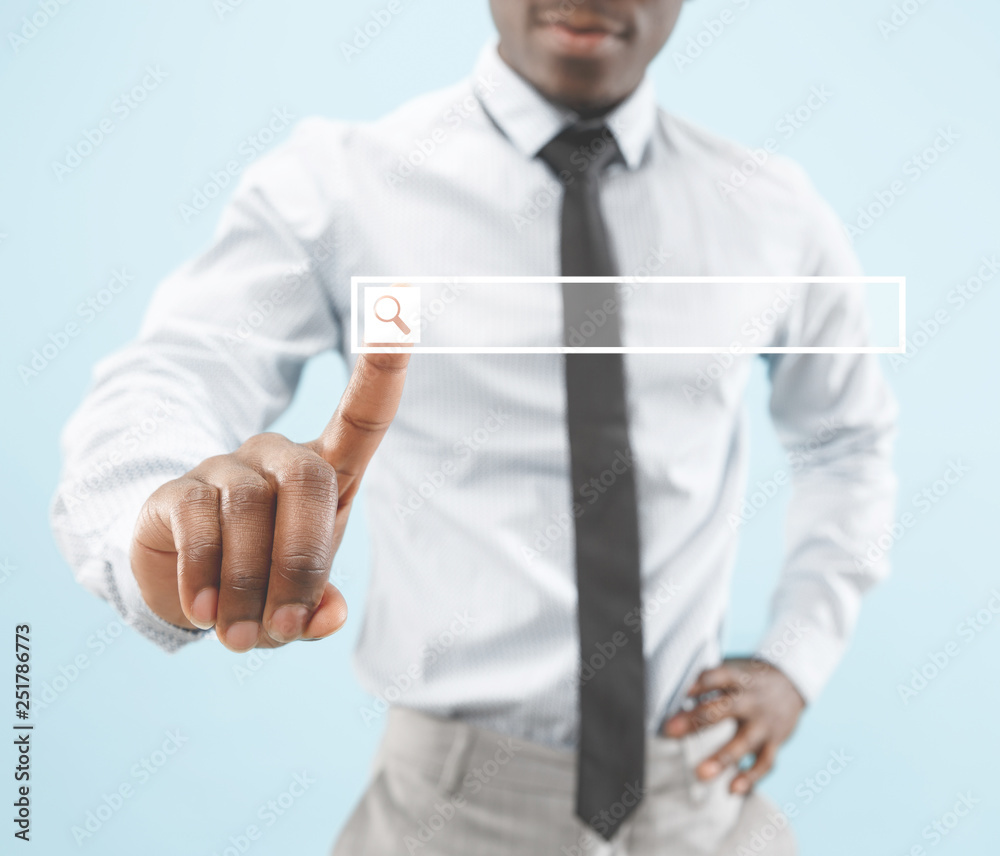 Businessman finger touching empty search bar, modern business background concept - can be used for insert text or pictures.