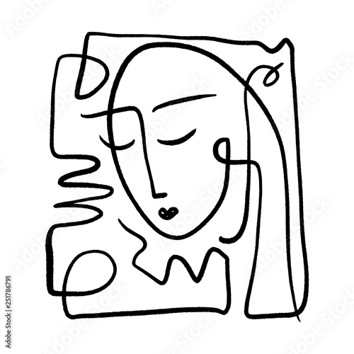 Simple hand drawn black and white trendy line portrait art. Abstract composition