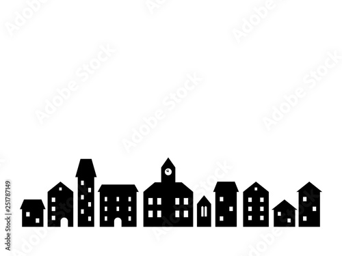 Black and white houses and buildings small town street, vector template illustration