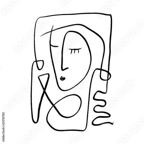 Simple hand drawn black and white trendy line portrait art. Abstract composition