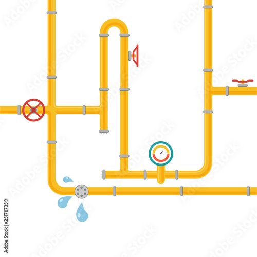 Industrial pipeline concept. Pipe system for admission: oil, water or gas. Pipeline with fittings, pressure valve, pump, tap, pressure gauge and valve. Vector illustration.