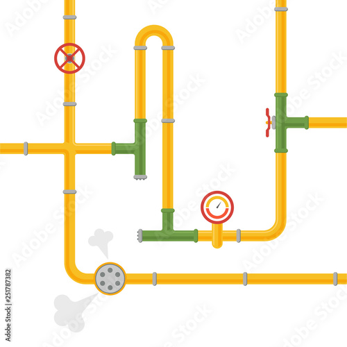 Industrial pipeline concept. Pipe system for admission: oil, water or gas. Pipeline with fittings, pressure valve, pump, tap, pressure gauge and valve. Vector illustration.