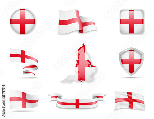 England flags collection. Flags and outline of the country vector illustration set