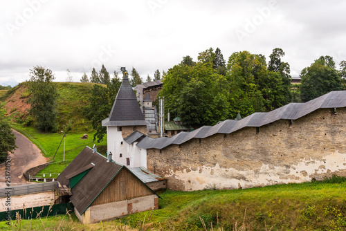 The Walls and Tower of the Holy Dormition Pskovo-Pechersky (Pskov-Caves) Monastery. Pechory, Russia.
