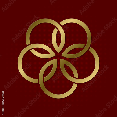 Sacred geometric symbol of five flower petals plexus. Golden mandala logo.