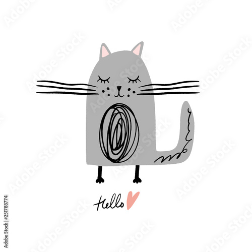 Vector nursery lettering doodle poster and postcard with cute cat in scandinavian style