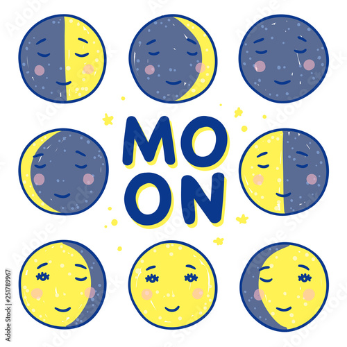 Phases of the moon vector hand drawn illustrations. Cute moon faces on white background