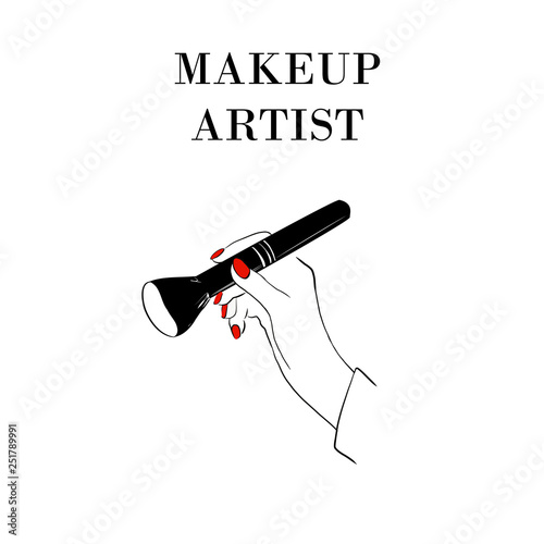 Women's hand with makeup brush. Hand draw illustration of female hand with cosmetical accessories and red nails. Makeup artist logo template fashion Vector and makeup design elements.