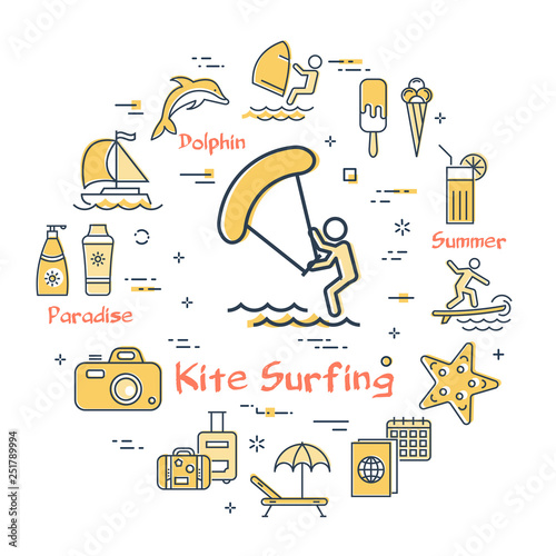 Vector kite surfing entertainment and summer icons