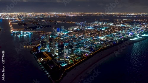 MIAMI, FLORIDA, USA - JANUARY 2019: Aerial drone panorama view flight over Miami at night. Aero dronelapse in 4K. photo