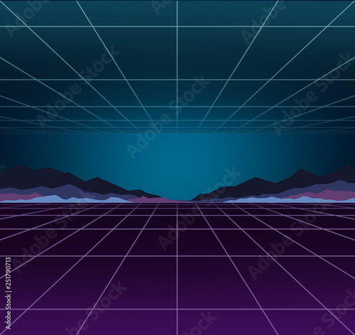 Neon background template. Electric light perspective. Retro computer games, sci-fi technology, vintage graphics and holographic projection concept.