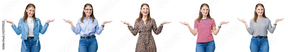 Collage of beautiful middle age woman over isolated background Smiling showing both hands open palms, presenting and advertising comparison and balance Collage of beautiful middle age woman over isolated background Smiling showing both hands open palms, presenting and advertising comparison and balance
