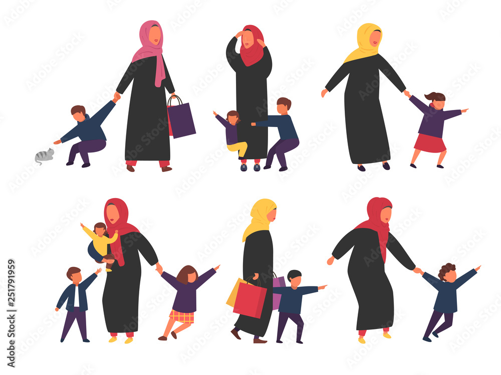 People with kids. Busy parents with naughty children. Vector illustration.
