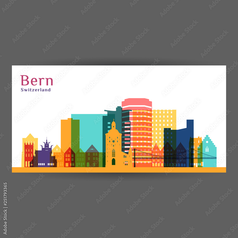 Bergen city architecture silhouette. Colorful skyline. City flat design. Vector business card.