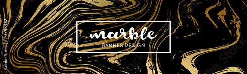 Black and Gold Marble Texture. Abstract marble background. Long vector banner.