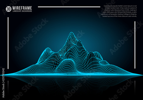 Abstract wireframe landscape background. Cyberspace neon blue mountine vector illustration. photo