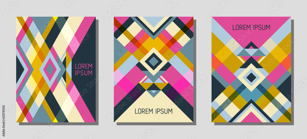 Cover page layout vector template geometric design with triangles and stripes pattern.