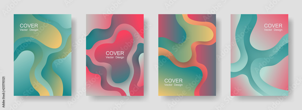 Gradient liquid shapes abstract covers vector collection. Glitch presentation backgrounds design. Flux paper cut effect blob elements backdrop, fluid wavy shapes texture print. Cover pages.