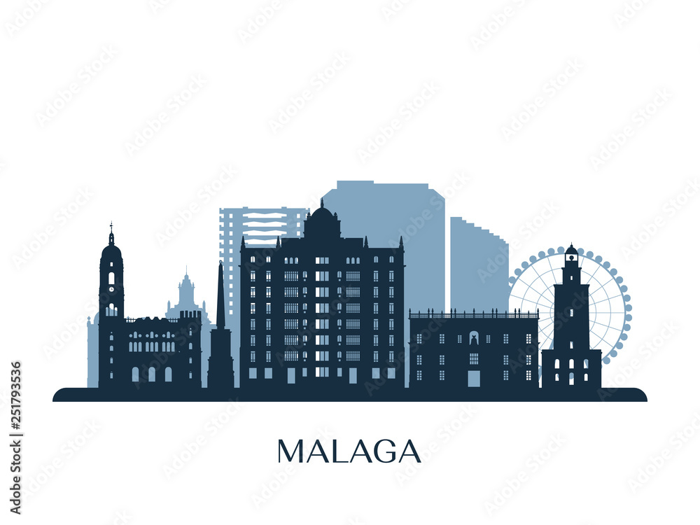 Malaga skyline, monochrome silhouette. Vector illustration.