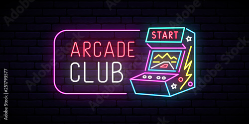 Arcade game machine neon sign. Arcade club emblem. Advertising design. Night light signboard. Vector illustration.