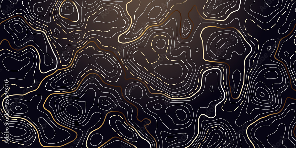 Abstract background with golden topographic contour. Vector concept map banner.