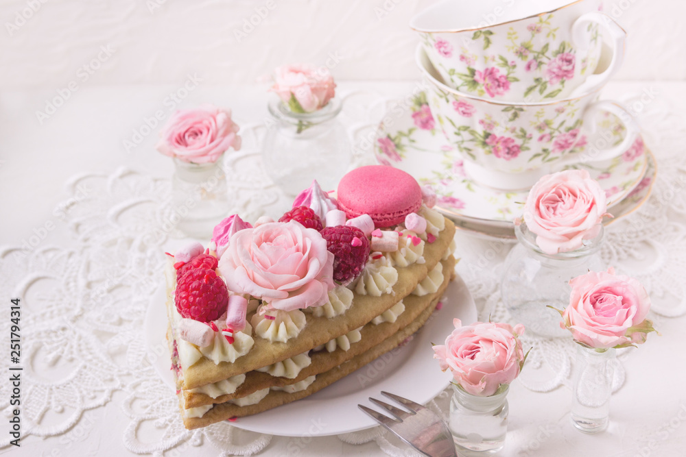 A piece of cake with flowers. Romantic Valentine's Day breakfast. A piece of cake with flowers. Romantic Valentine's Day breakfast.
