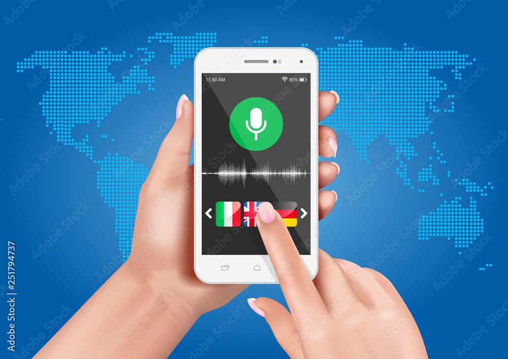 Hands holding a smarfon with voice activated translator. Learning foreign languages Hands holding a smarfon with voice activated translator. Learning foreign languages