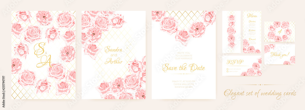 Wedding Cards Set with Delicate Pink Roses.