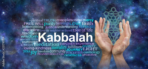 Offering the Kabbalah Tree of Life Word Cloud - male hands reaching up around the Kabbalah Tree of Life outline beside a relevant word cloud against a cosmic deep space background photo