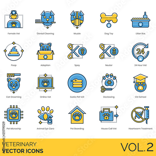 Veterinary icons including female vet, dental cleaning, muzzle, dog toy, litter box, poop, adoption, spay, neuter, 24 hours, cat grooming, online, exotic pet, declawing, school, microchip, eye care. photo