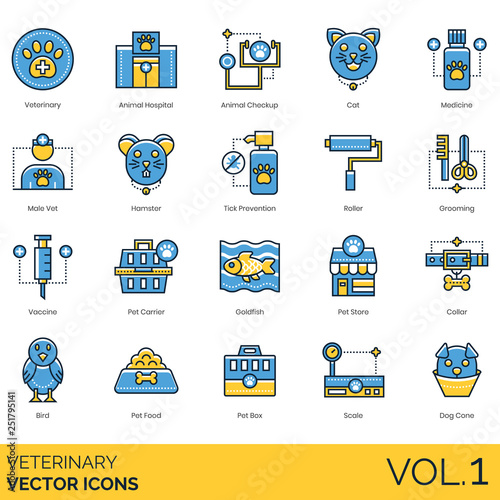 Veterinary icons including animal hospital, checkup, cat, medicine, male vet, hamster, tick prevention, roller, grooming, vaccine, pet carrier, goldfish, store, collar, bird, food, box, scale, cone.