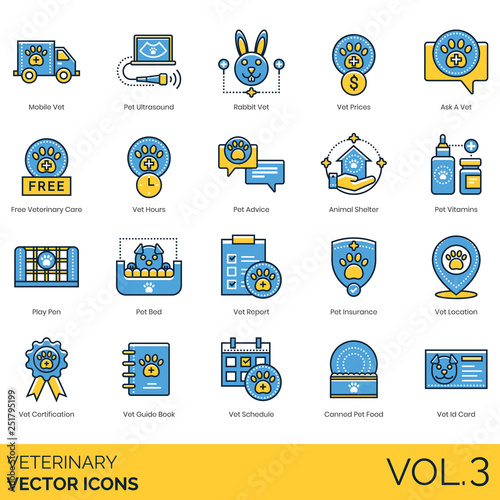 Veterinary icons including mobile, pet ultrasound, rabbit, prices, ask a vet, free care, hours, advice, animal shelter, vitamins, playpen, bed, report, insurance, location, certification, guide book.