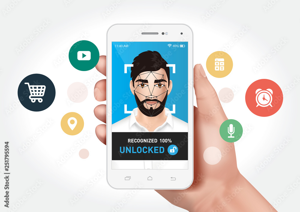 Vector graphics showing a hand holding a smartphone with face recognition system to unlock the application. Identification of a man's face Vector graphics showing a hand holding a smartphone with face recognition system to unlock the application. Identification of a man's face