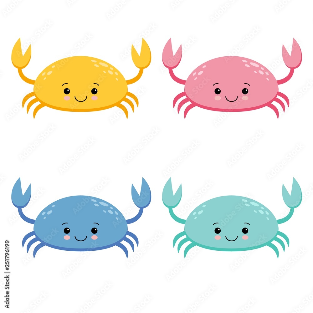 Set of Cute Colored Cartoon Crab Vector Illustration