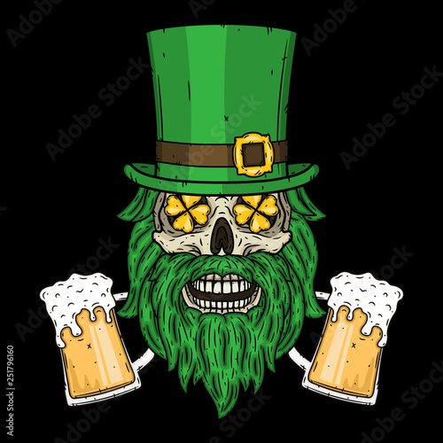 Irish skull. The skull of Saint Patrick's with green hat, glass beer and clover leaves.