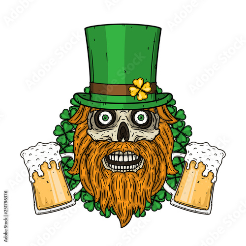 Irish skull. The skull of Saint Patrick's with green hat, glass beer and clover leaves.