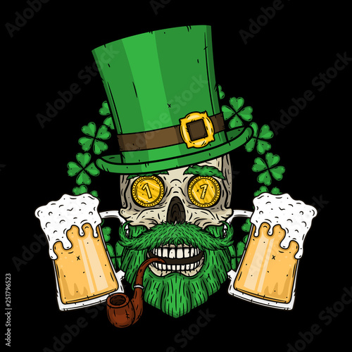 Irish skull. The skull of Saint Patrick's with green hat, glass beer and clover leaves.