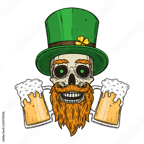 Irish skull. The skull of Saint Patrick's with green hat, glass beer and clover leaves.