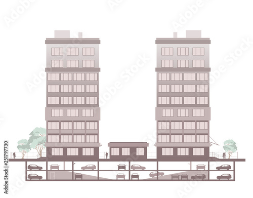 Scheme of office building with underground parking. Vector illustration