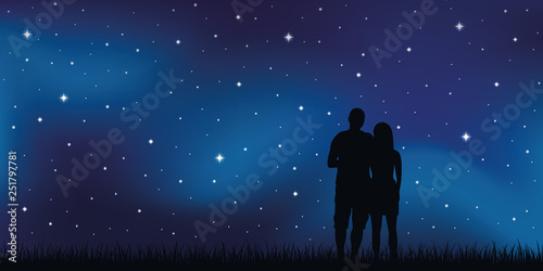young couple in love looks in the starry sky vector illustration EPS10