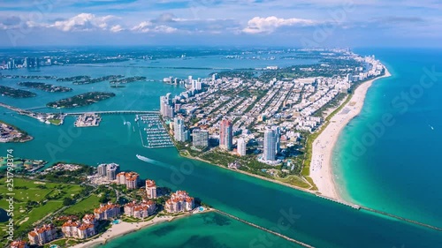 MIAMI, FLORIDA, USA - JANUARY 2019: Aerial hyperlapse 4k drone panorama view flight over Miami beach ocean coastline.