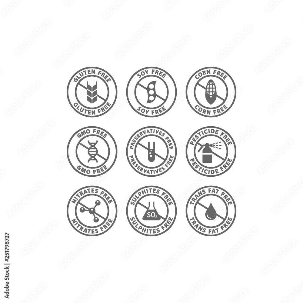 Gluten, soy, trans fat free vector badge label. Corn, preservatives, gmo free black isolated circle stamp icons.