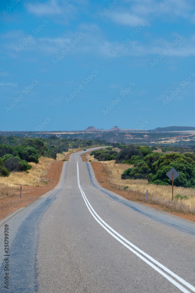 Road leading through australian bush landscape during hot spring