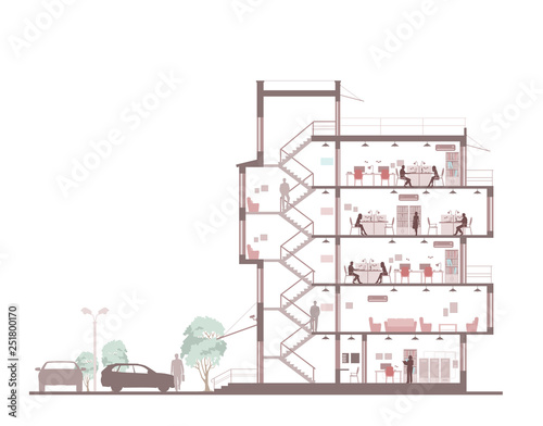 Cutaway office buildig isolated on white. Vector illustration