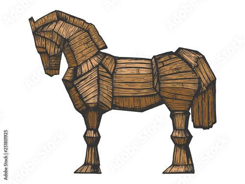 Trojan horse color sketch engraving vector illustration. Horse wooden figure. Scratch board style imitation. Hand drawn image. photo