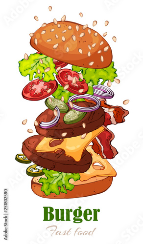 Vector illustrations on the fast food theme: burger.