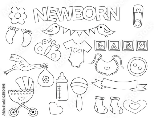 Newborn set of icons and objects. Hand drawn doodle baby shower design concept. Black and white outline coloring page game. Monochrome line art. Vector illustration.