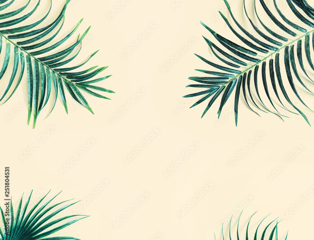 Llayout made of green tropical leaves. Minimal summer exotic concept with copy space.