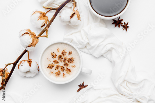 Coffee cappuccino with cinnamon and anise stars on white background