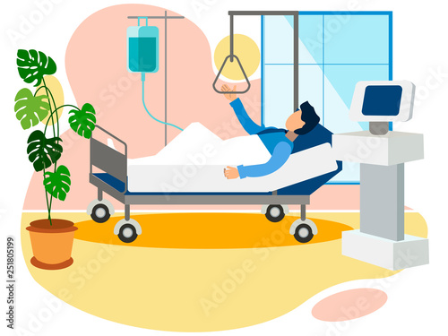 Chamber in the hospital, the man is in the hospital trauma department. In minimalist style. Flat isometric vector photo